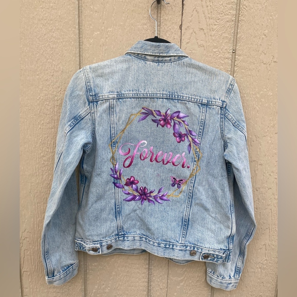 GAP Denim Jacket Puff Sleeve Icon Light Wash Size Small “Forever” Floral Painted